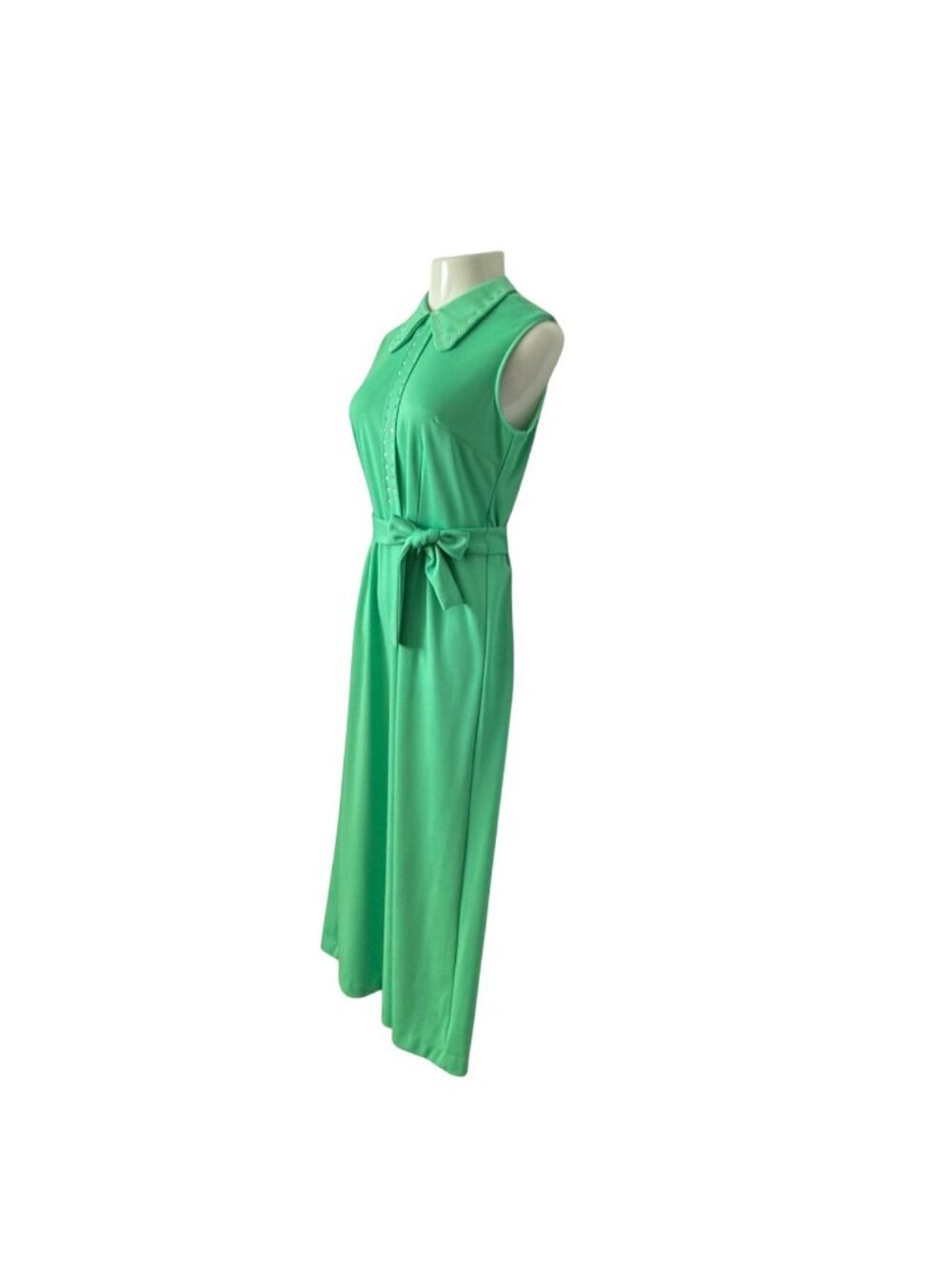Vintage Womens Green Sleeveless Maxi Dress W/ Studded Collar & Belt - Picture 8 of 16